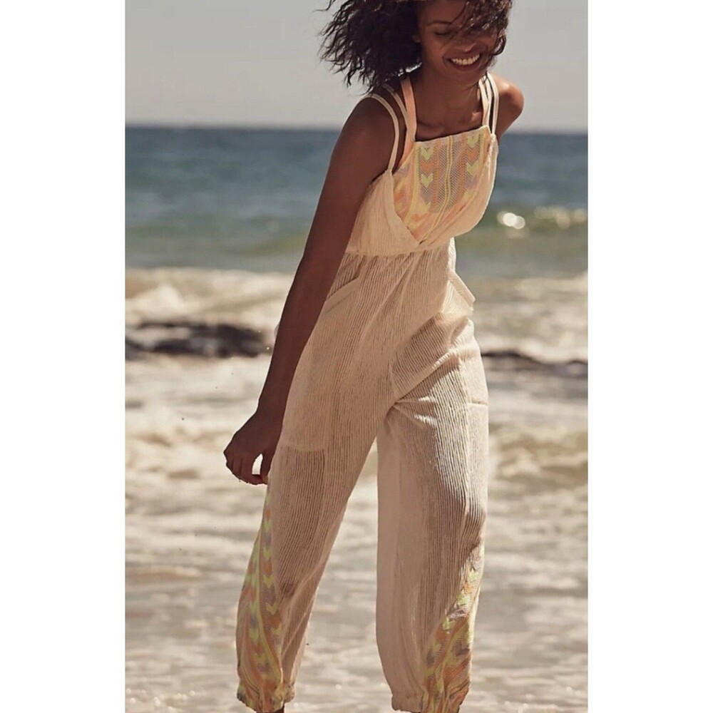 Free People Movement Jumpsuit Morning Rise Ivory Orange Ribbed Beach Boho Large